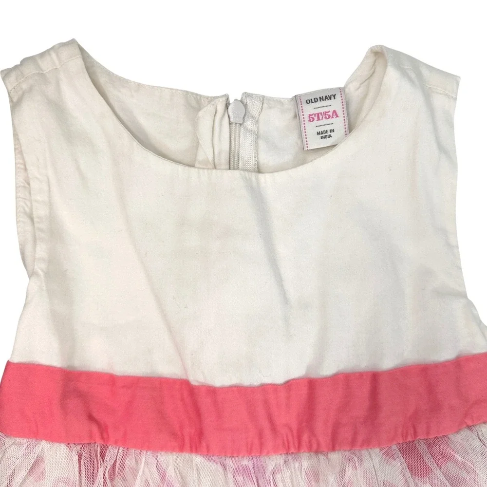 Old Navy Girl's Floral Dress‎ 5T/5A Mesh Overlay White/Pink Cotton Made in India